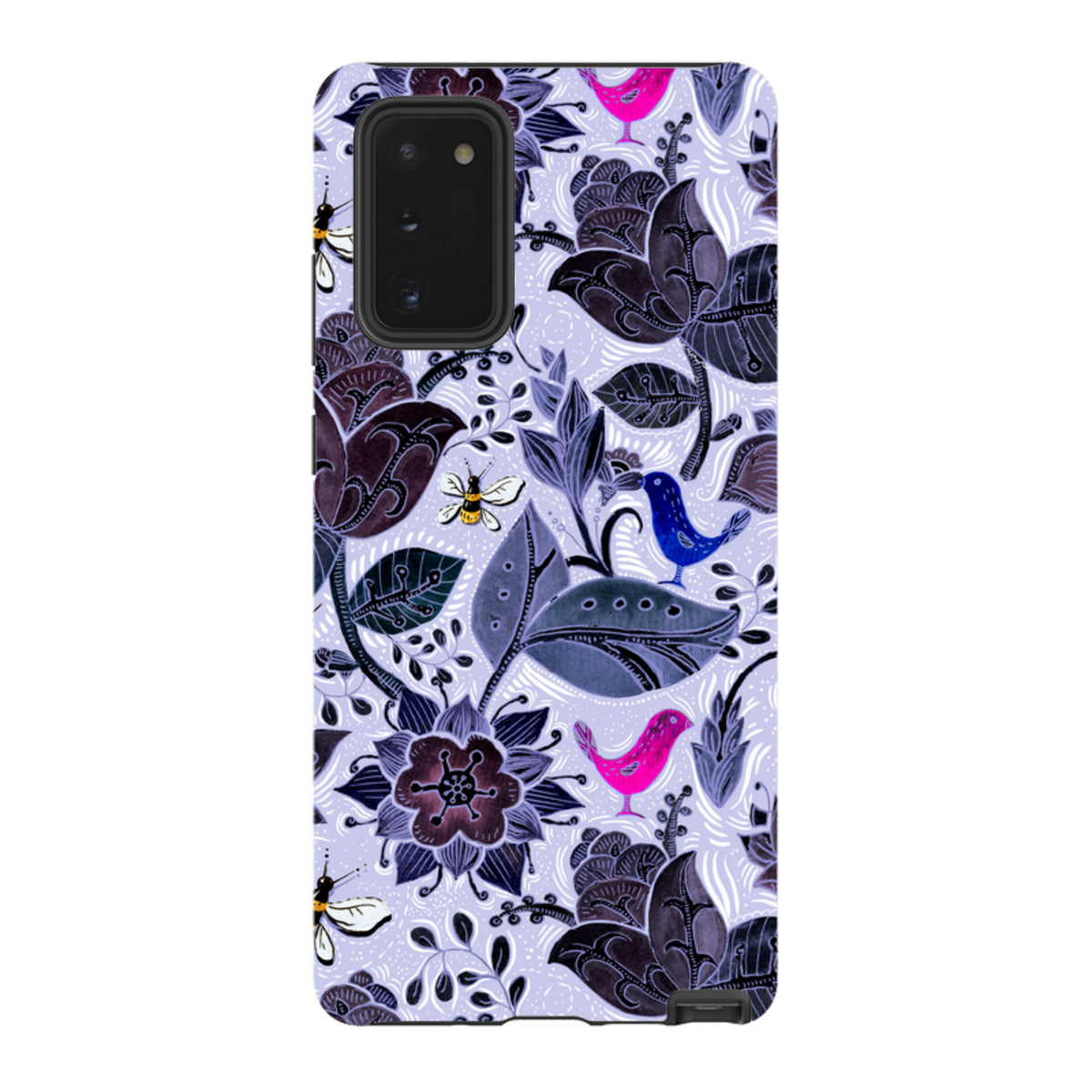 Samsung Tough Case featuring a Tresco Abbey floral pattern with blue birds, bees, and dark purple flowers on a lilac background.