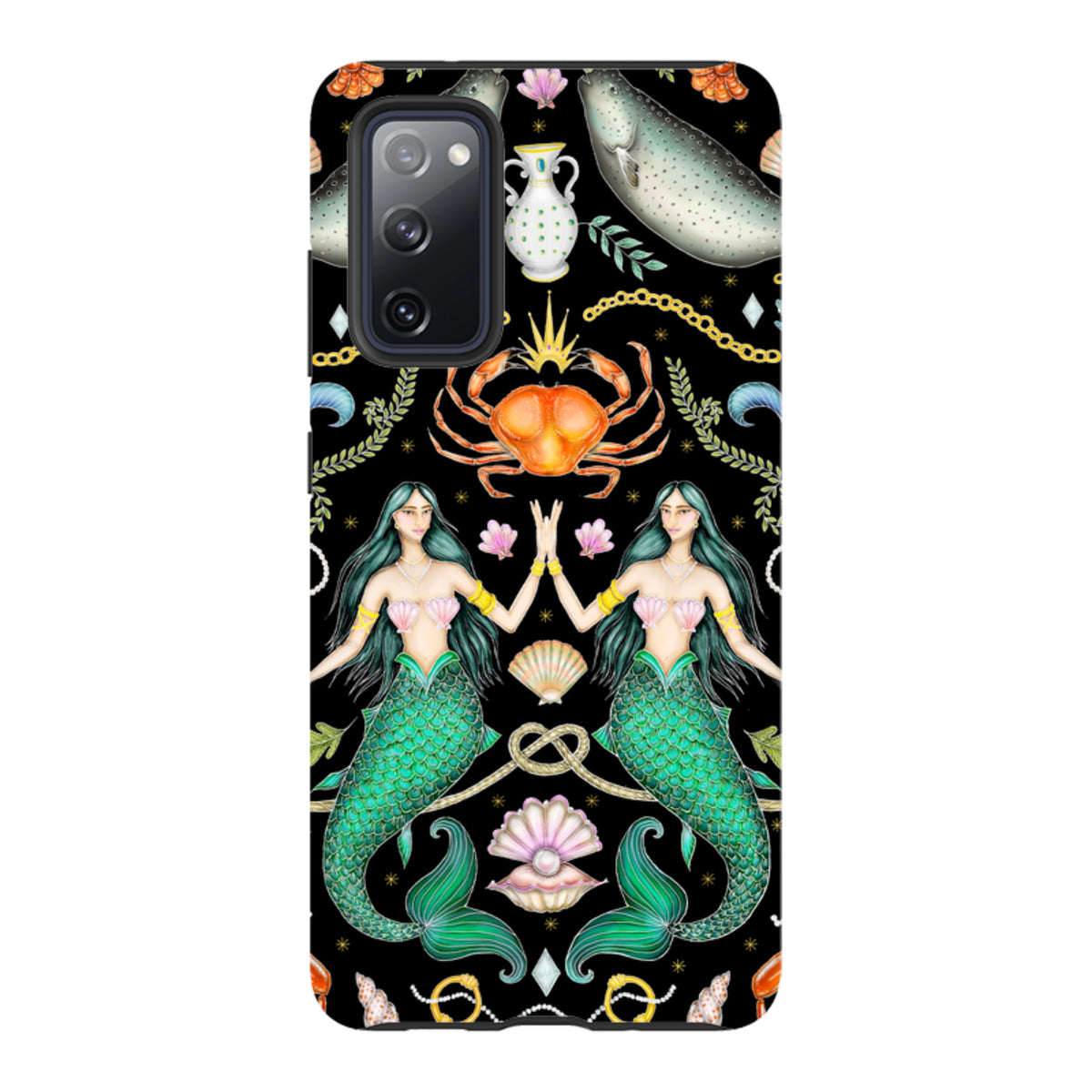 Samsung Tough Case featuring Catherine Rowe’s Triton’s Treasure mermaid and sea life art on a black dual-layer shell.