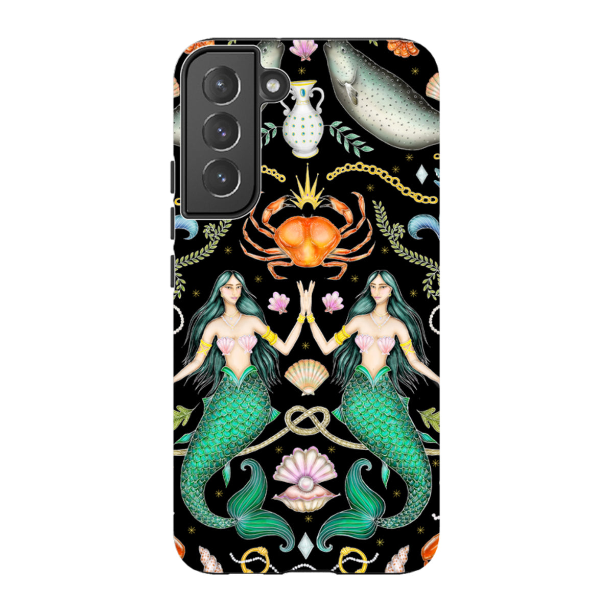 Samsung Tough Case featuring Catherine Rowe's Triton's Treasure mermaid and sea life art on a black dual-layer shell.