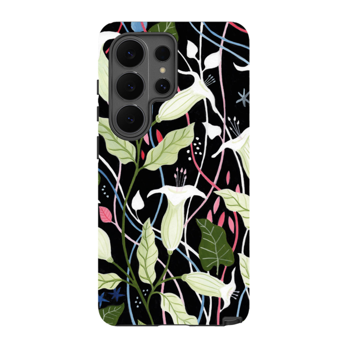 Samsung Galaxy tough case with a black background featuring white trumpet flowers, green leaves, and colorful vines.