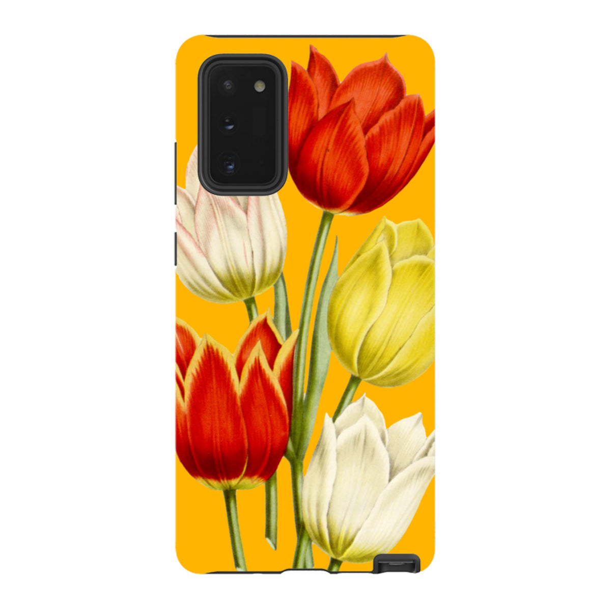 Samsung tough phone case featuring a vibrant yellow background with red, white, and yellow tulip floral artwork.