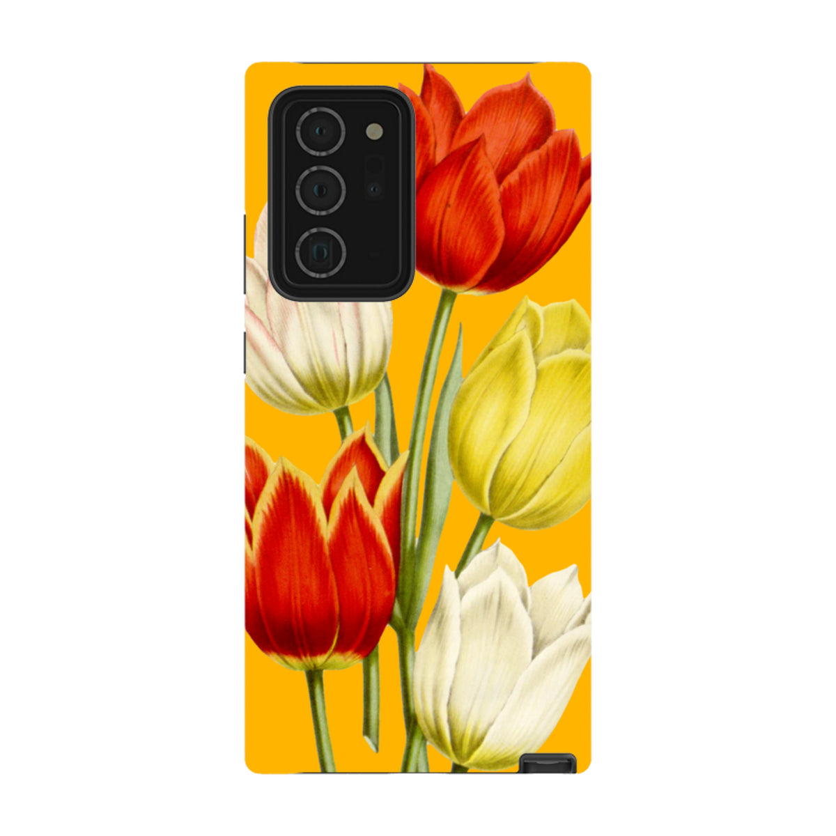 Samsung Galaxy tough case featuring a vibrant yellow background with red, yellow, and white tulip floral artwork.