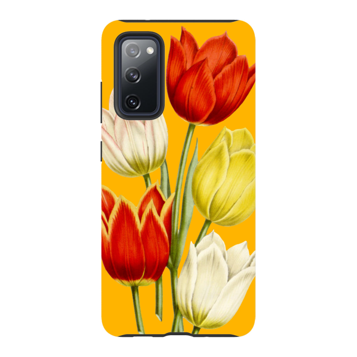 Samsung Galaxy tough case featuring a vibrant yellow background with a colorful bouquet of red, yellow, and white tulips.