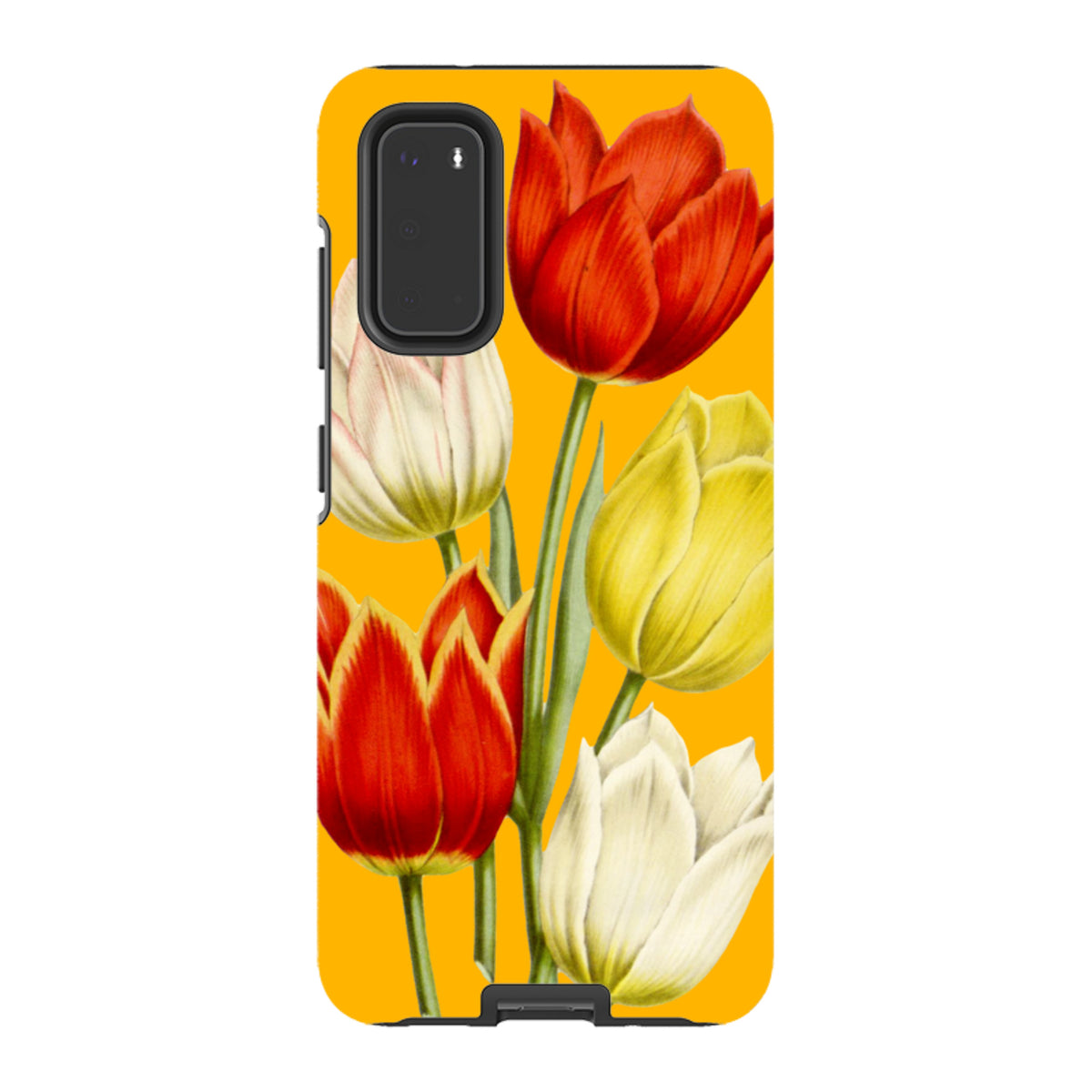 Samsung tough phone case featuring a vibrant yellow background with red, yellow, and white tulip floral artwork.