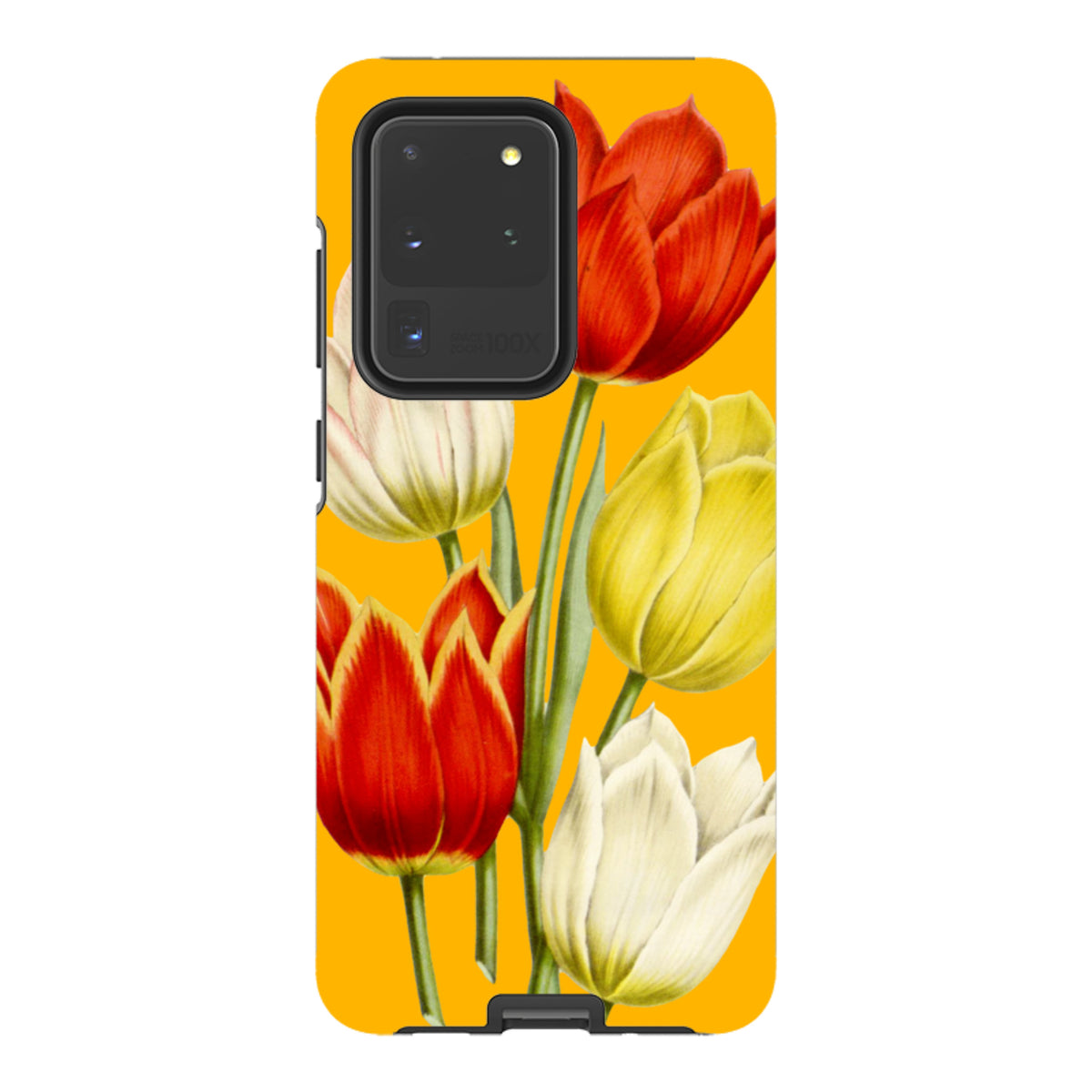 Samsung Tough Case featuring a vibrant yellow background with red, yellow, and white tulip floral artwork.