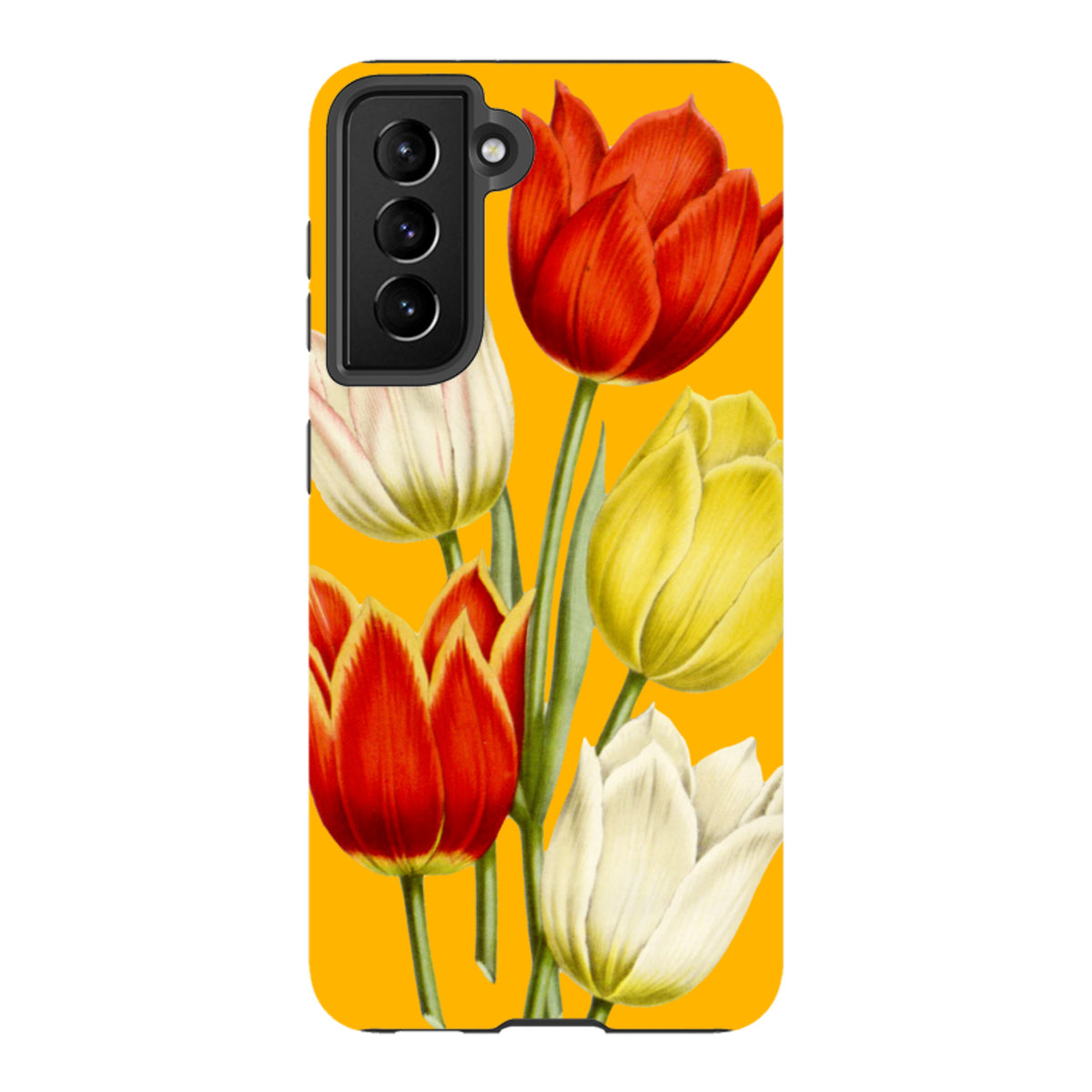 Samsung Galaxy tough case featuring a vibrant yellow background with a bouquet of red, yellow, and white tulips.