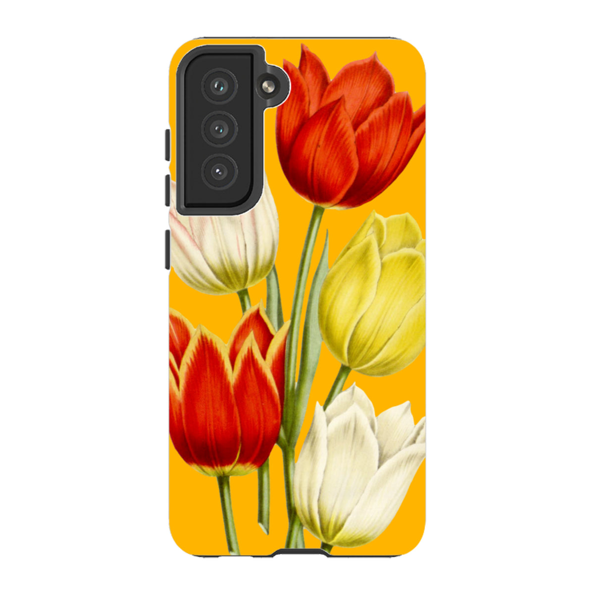 Samsung Tough Case featuring a vibrant yellow background with red, yellow, and white tulip floral artwork.