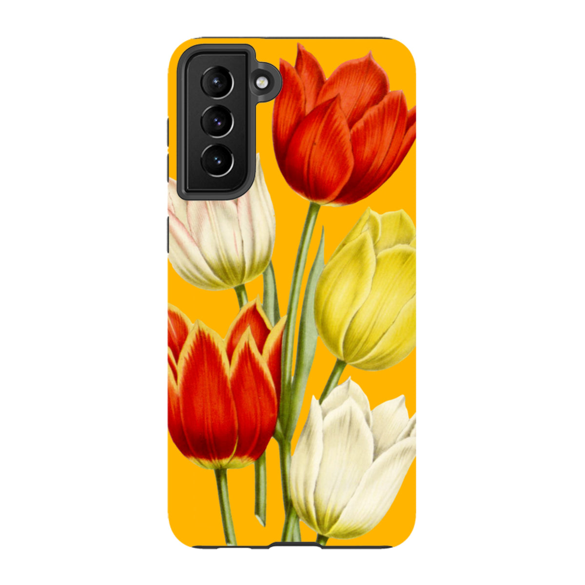 Samsung Galaxy tough case featuring a vibrant yellow background with a detailed red, yellow, and white tulip floral design.