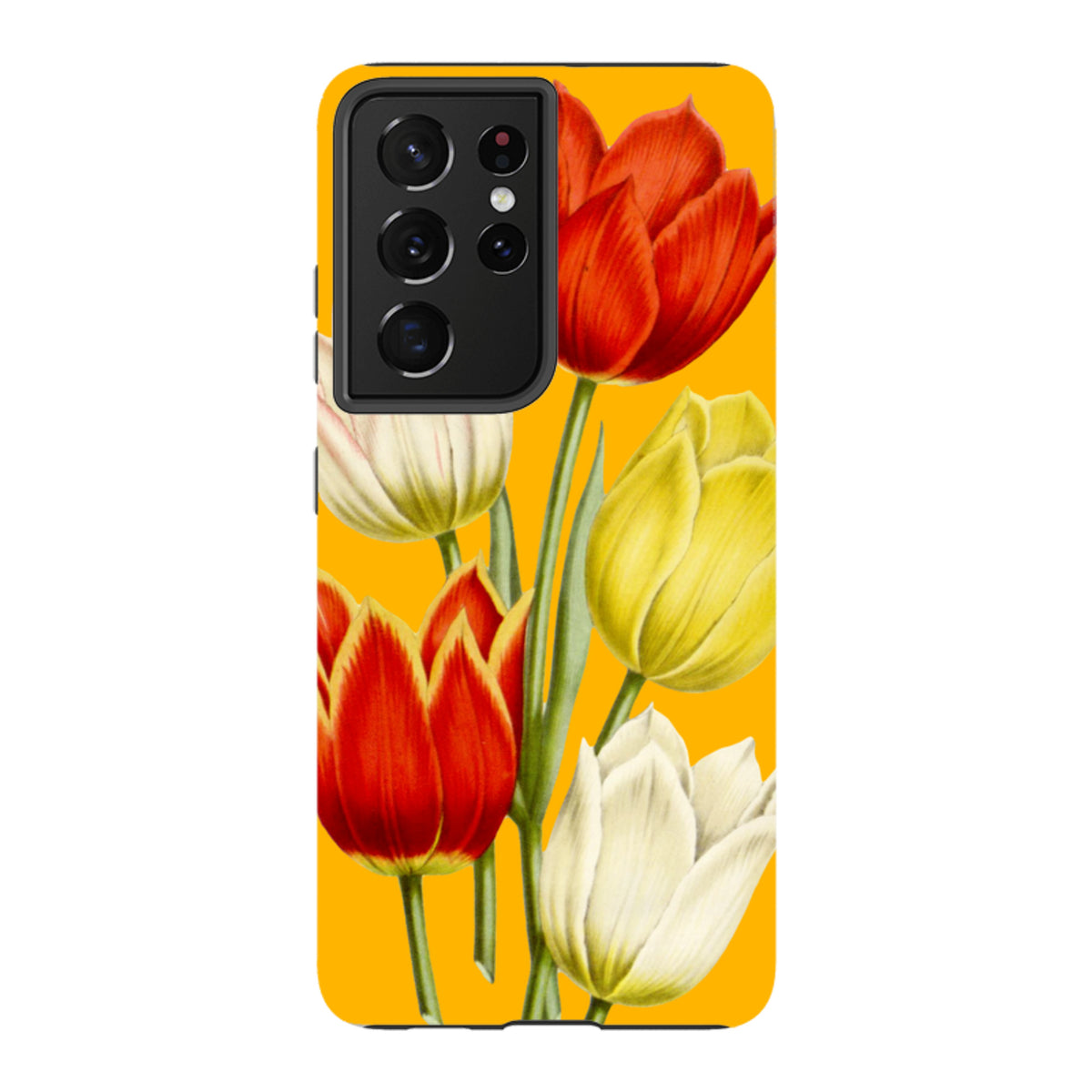 Samsung Galaxy tough case featuring a vibrant yellow background with red, yellow, and white tulip floral artwork.