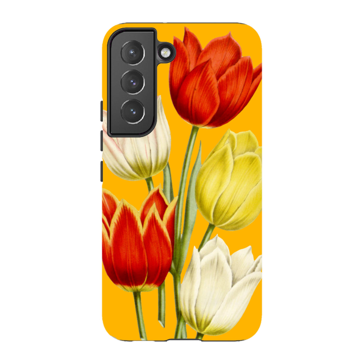 Samsung Galaxy tough case featuring a vibrant yellow background with red, yellow, and white tulip floral artwork.