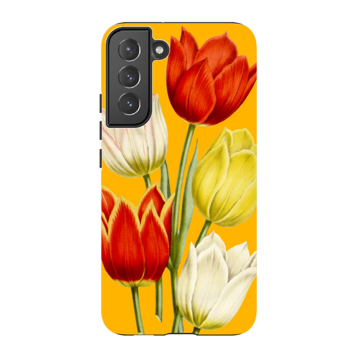 Samsung Tough Case featuring a vibrant yellow background with red, yellow, and white tulip floral artwork.