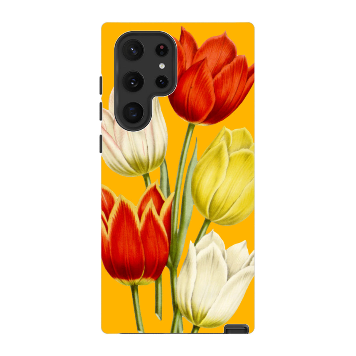 Samsung Galaxy tough case featuring a vibrant yellow background with red, yellow, and white tulip floral artwork.