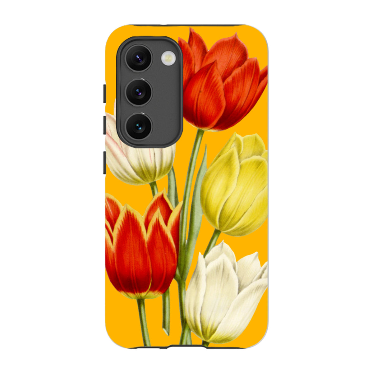 Samsung Galaxy tough case featuring a vibrant yellow background with red, yellow, and white tulip floral artwork.