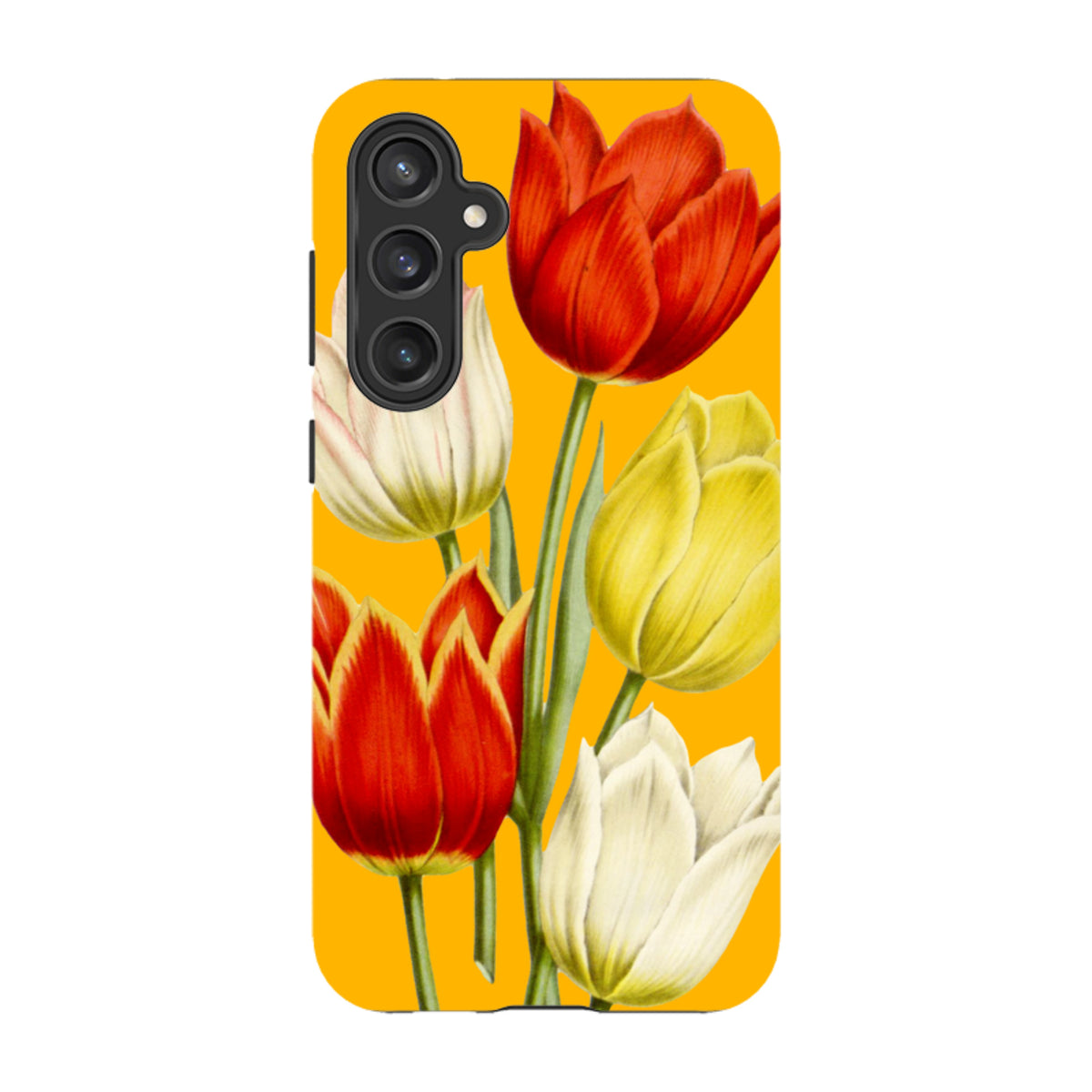 Samsung Galaxy tough case featuring a vibrant yellow background with red, yellow, and white tulip floral artwork.