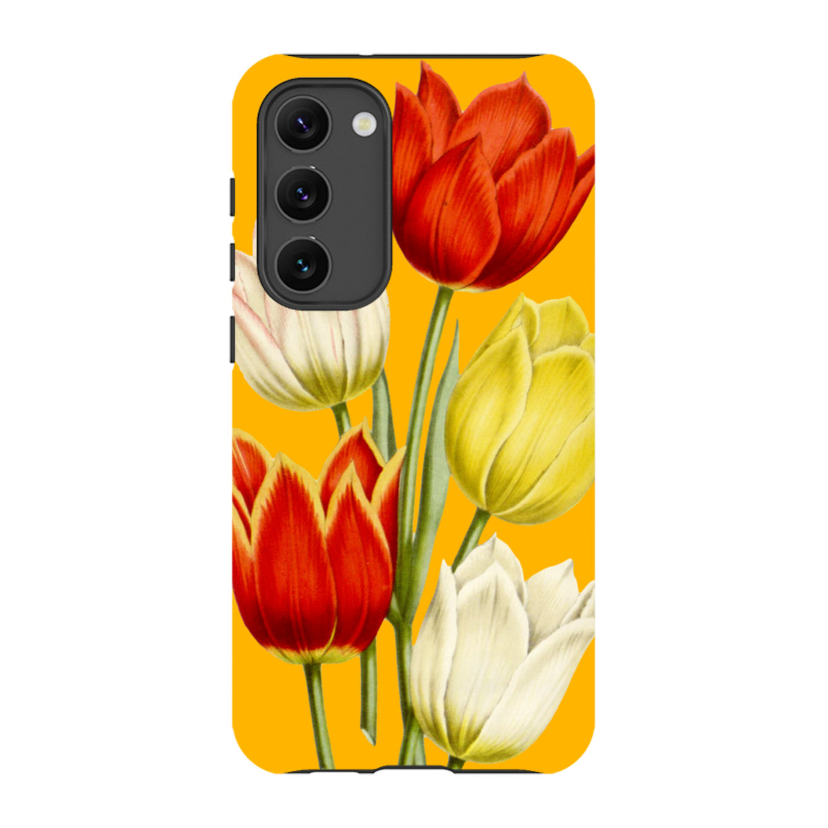 Samsung Galaxy tough case featuring a vibrant yellow background with a detailed red, yellow, and white tulip floral print.