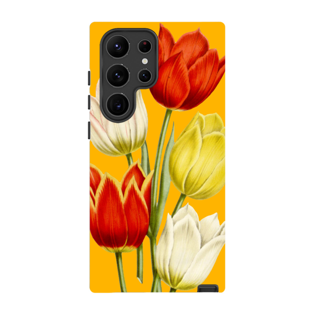 Samsung Galaxy tough case featuring a vibrant yellow background with red, yellow, and white tulip floral artwork.