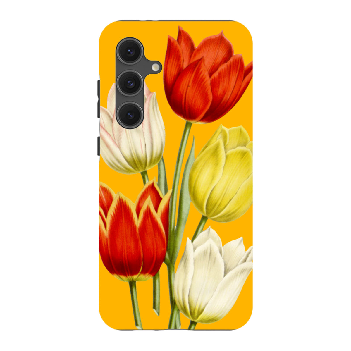 Samsung Galaxy tough case featuring a vibrant yellow background with red, white, and yellow tulip floral artwork.