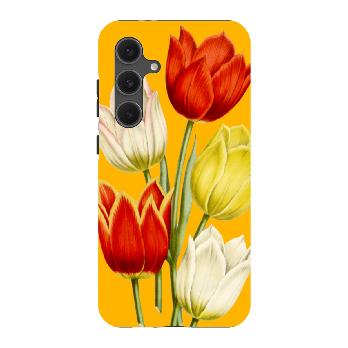 Samsung Galaxy tough case featuring a vibrant yellow background with a detailed red, yellow, and white tulip floral print.