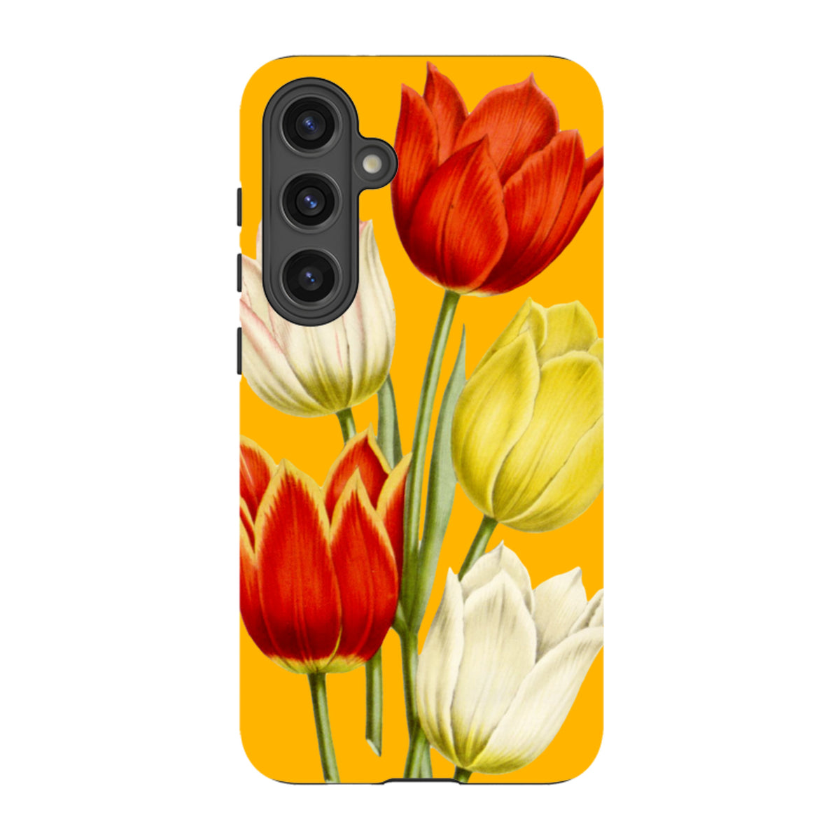Samsung Galaxy tough case featuring a vibrant yellow background with a detailed red, white, and yellow tulip floral design.
