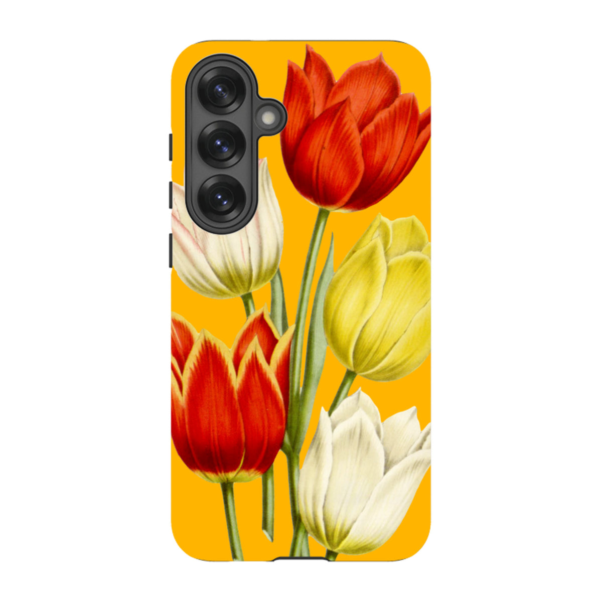 Samsung Tough Case featuring a vibrant yellow background with a bouquet of red, yellow, and white tulips.