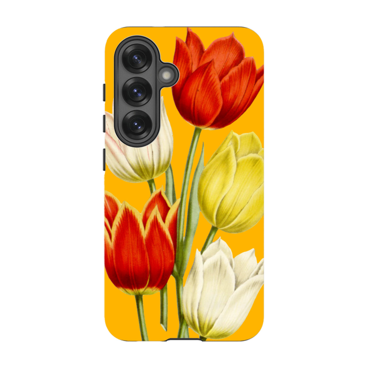 Samsung Galaxy tough case featuring a vibrant yellow background with red, yellow, and white tulip floral artwork.