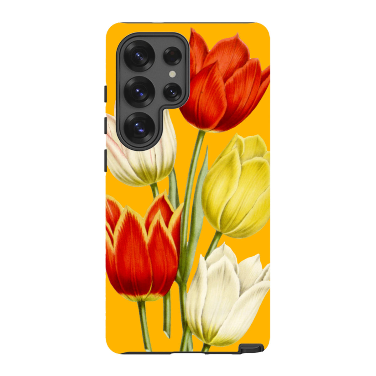 Samsung Tough Case featuring a vibrant yellow background with red, yellow, and white tulip floral artwork.