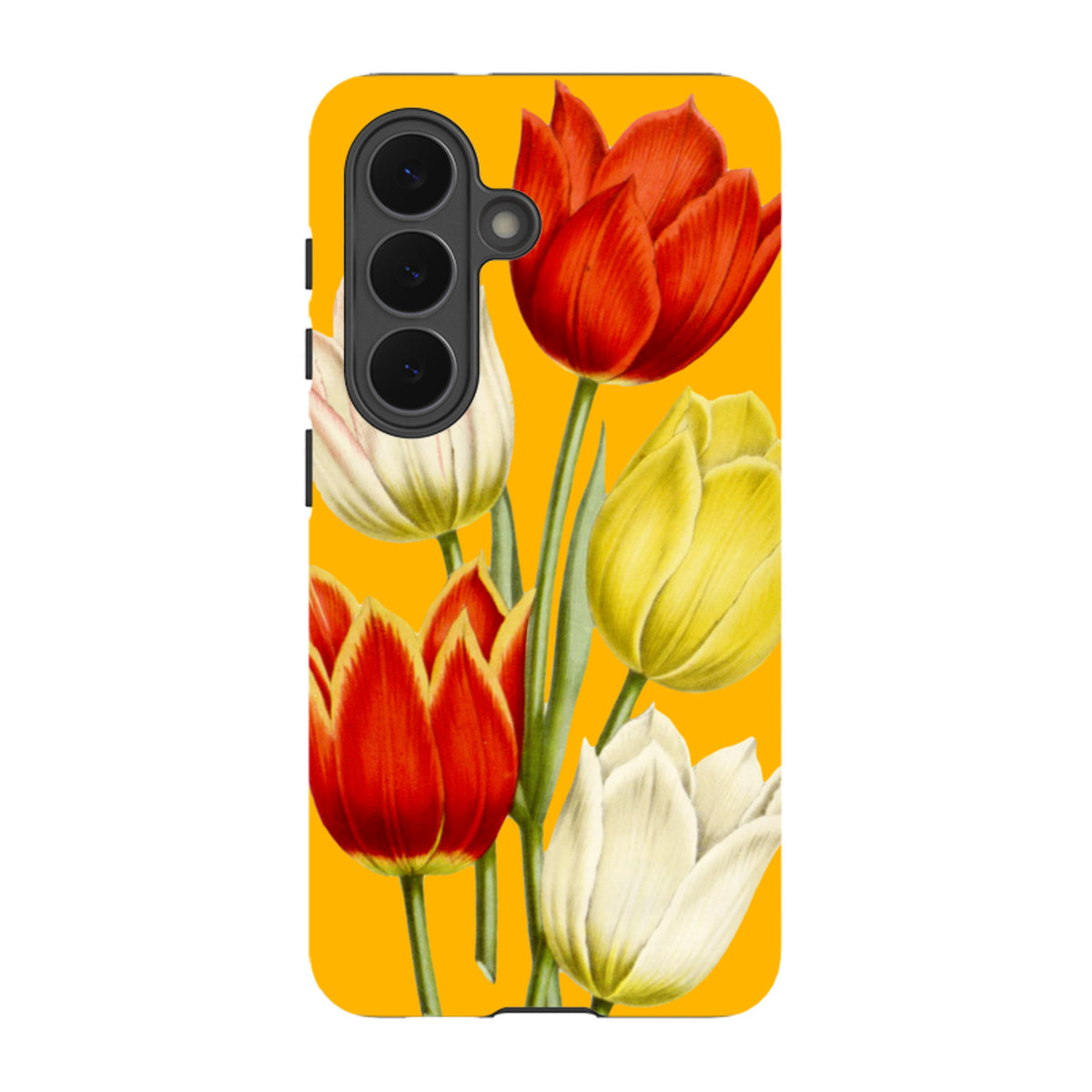 Samsung Galaxy tough case featuring a vibrant yellow background with red, yellow, and white tulip floral artwork.