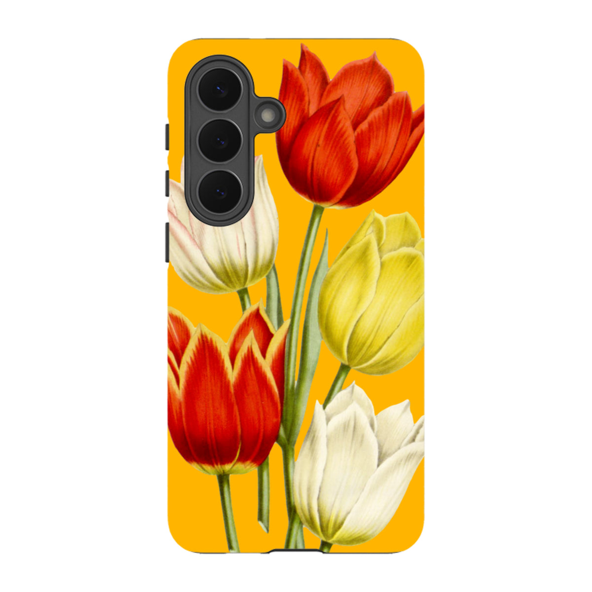 Samsung Galaxy tough case featuring a vibrant yellow background with a detailed red, white, and yellow tulip floral design.