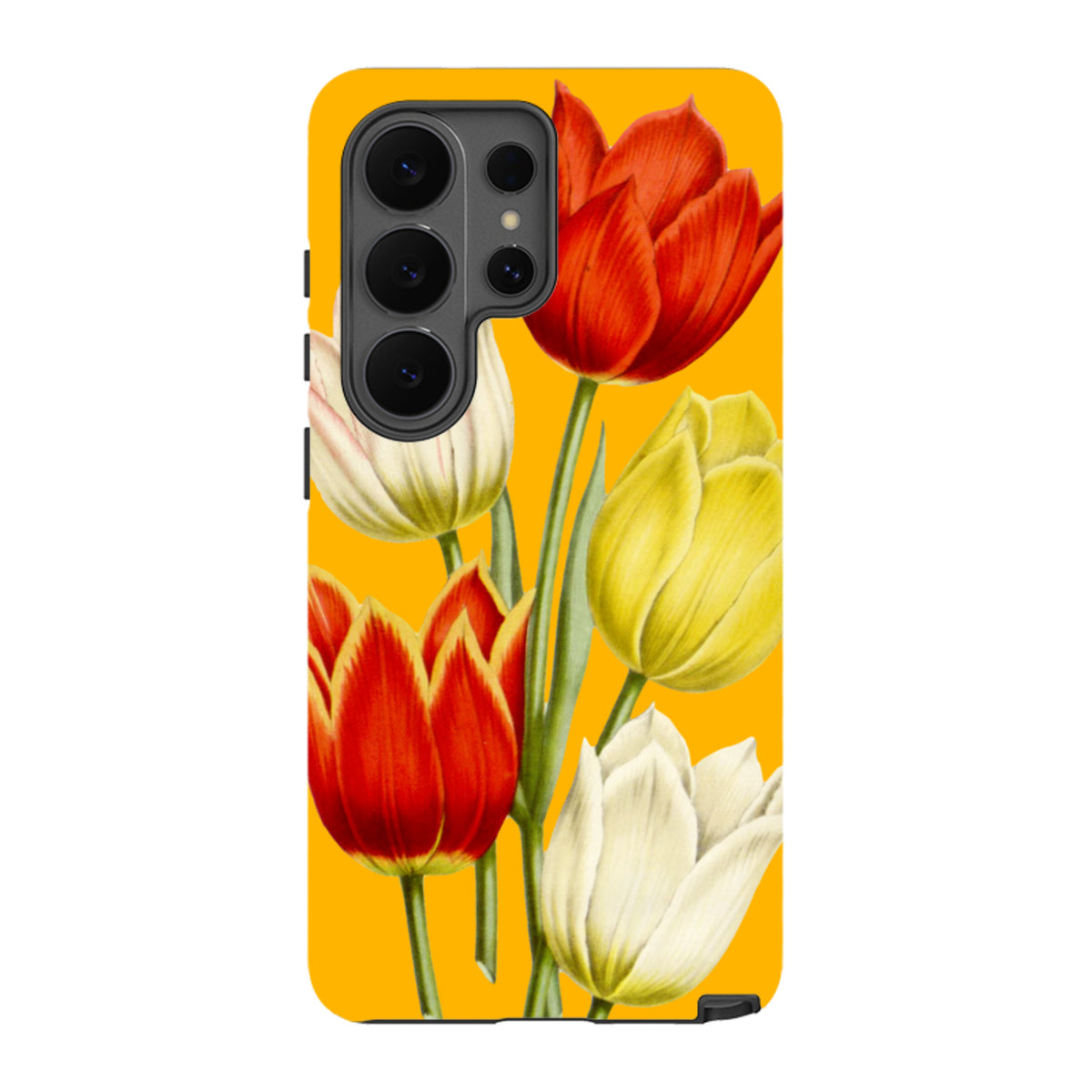 Samsung Galaxy tough case featuring a vibrant yellow background with a detailed red, yellow, and white tulip floral design.