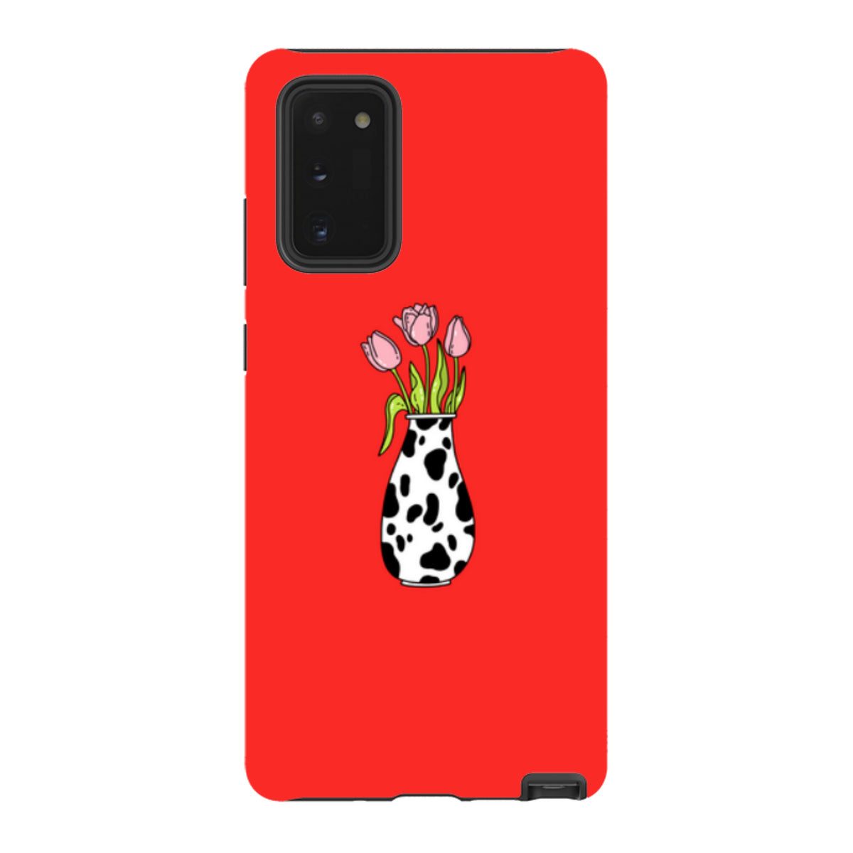 Red Samsung Tough Case featuring a pink tulip bouquet in a black and white cow-print vase.