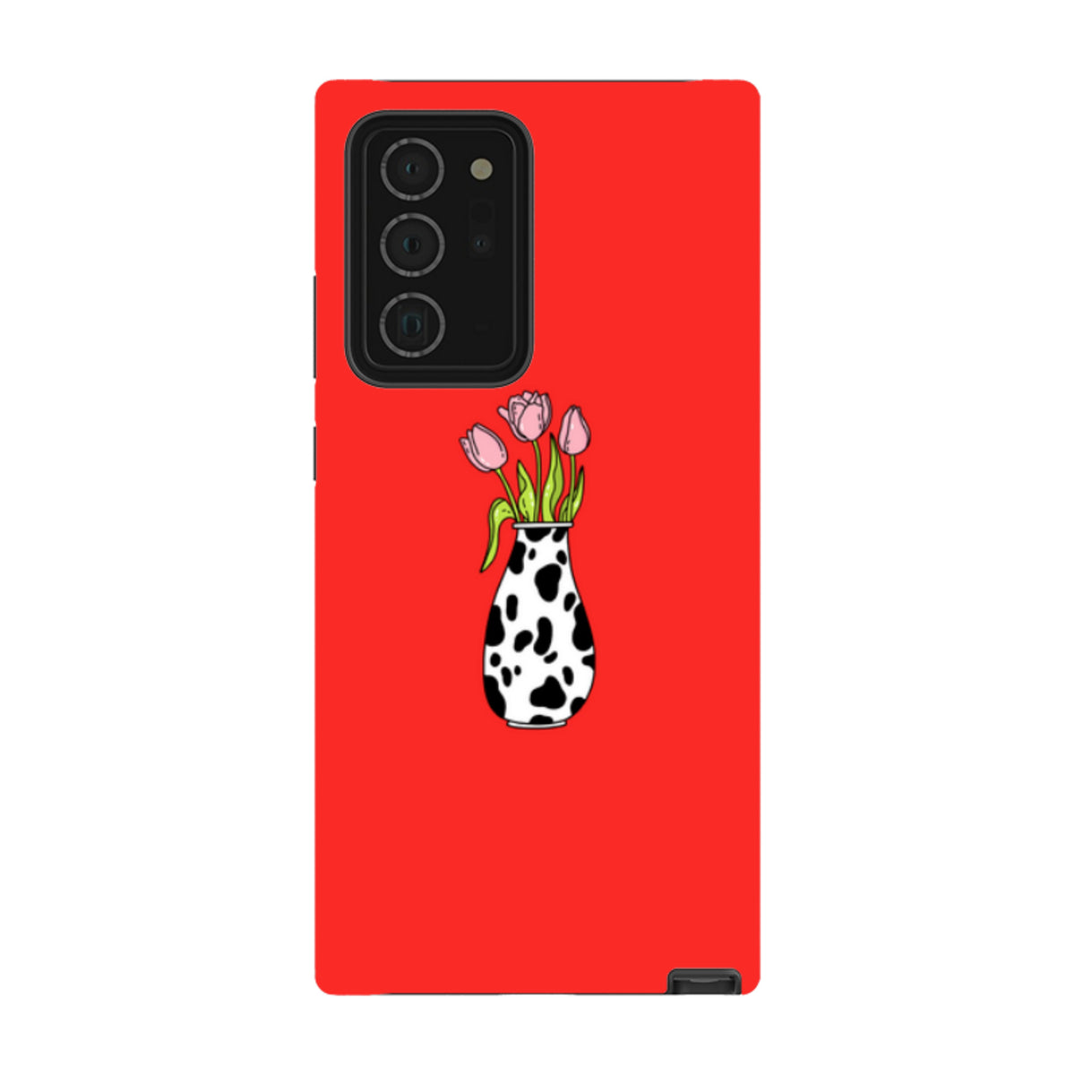 Samsung Galaxy tough case in bright red with a pink tulip bouquet in a black and white cow-print vase design.