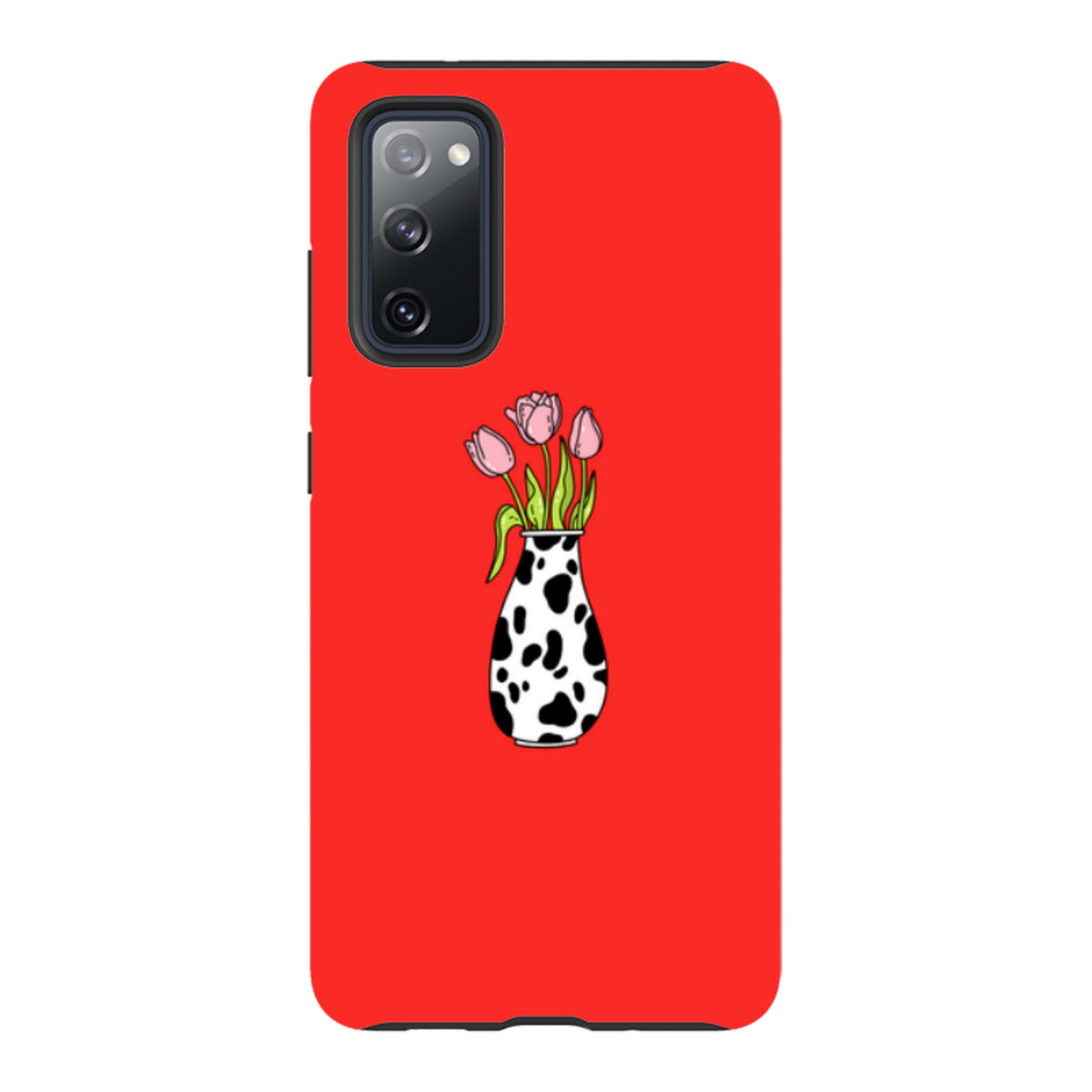 Samsung tough phone case in bright red featuring a pink tulip bouquet in a black and white cow-print vase.