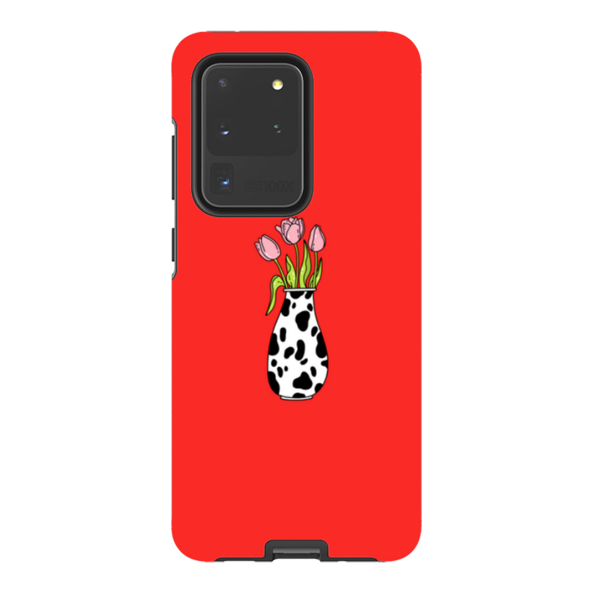Samsung Galaxy tough case featuring pink tulips in a black and white cow-print vase on a vibrant red background.
