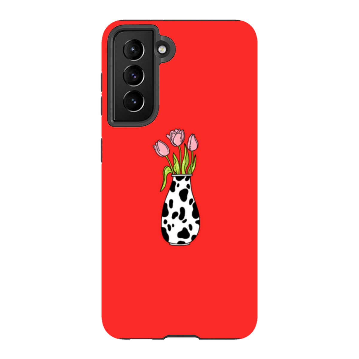 Samsung Tough Case featuring pink tulips in a cow-print vase on a vibrant red background for Galaxy devices.