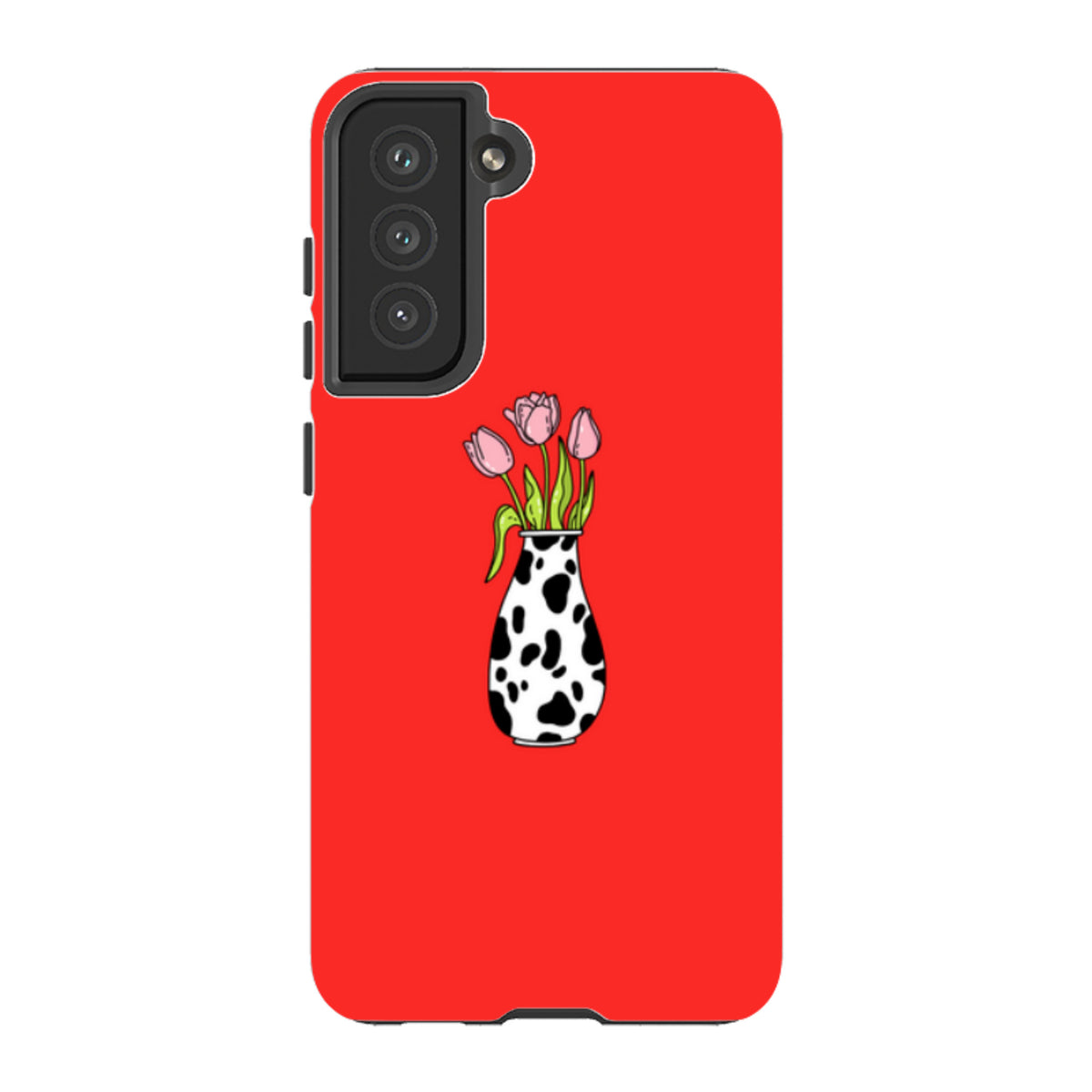 Samsung Galaxy tough case featuring pink tulips in a black and white cow-print vase on a vibrant red background.