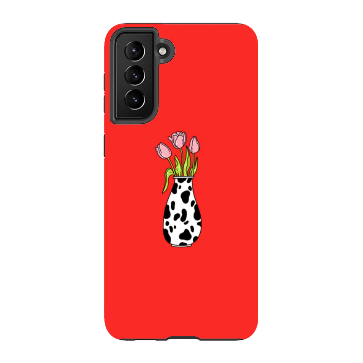 Samsung Galaxy tough case in bright red featuring pink tulips in a black and white cow-print vase.