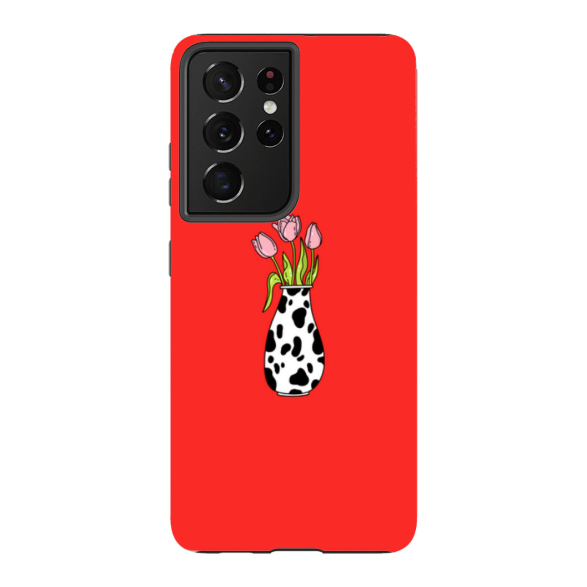 Samsung Galaxy tough case in bright red with a pink tulip and cow-print vase illustration.