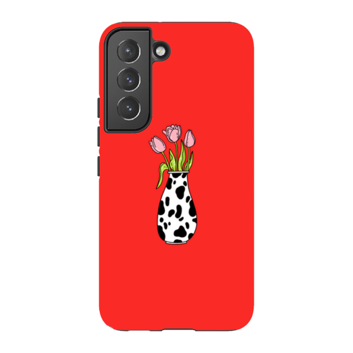 Samsung Galaxy tough case in bright red featuring a cow-print vase with pink tulips and a protective dual-layer design.