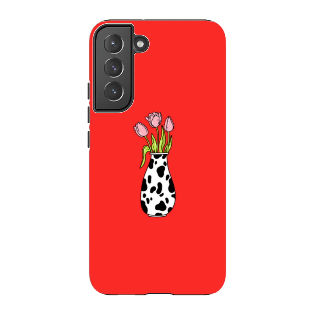 Samsung Galaxy tough case in bright red with a pink tulip bouquet in a black and white cow-print vase.