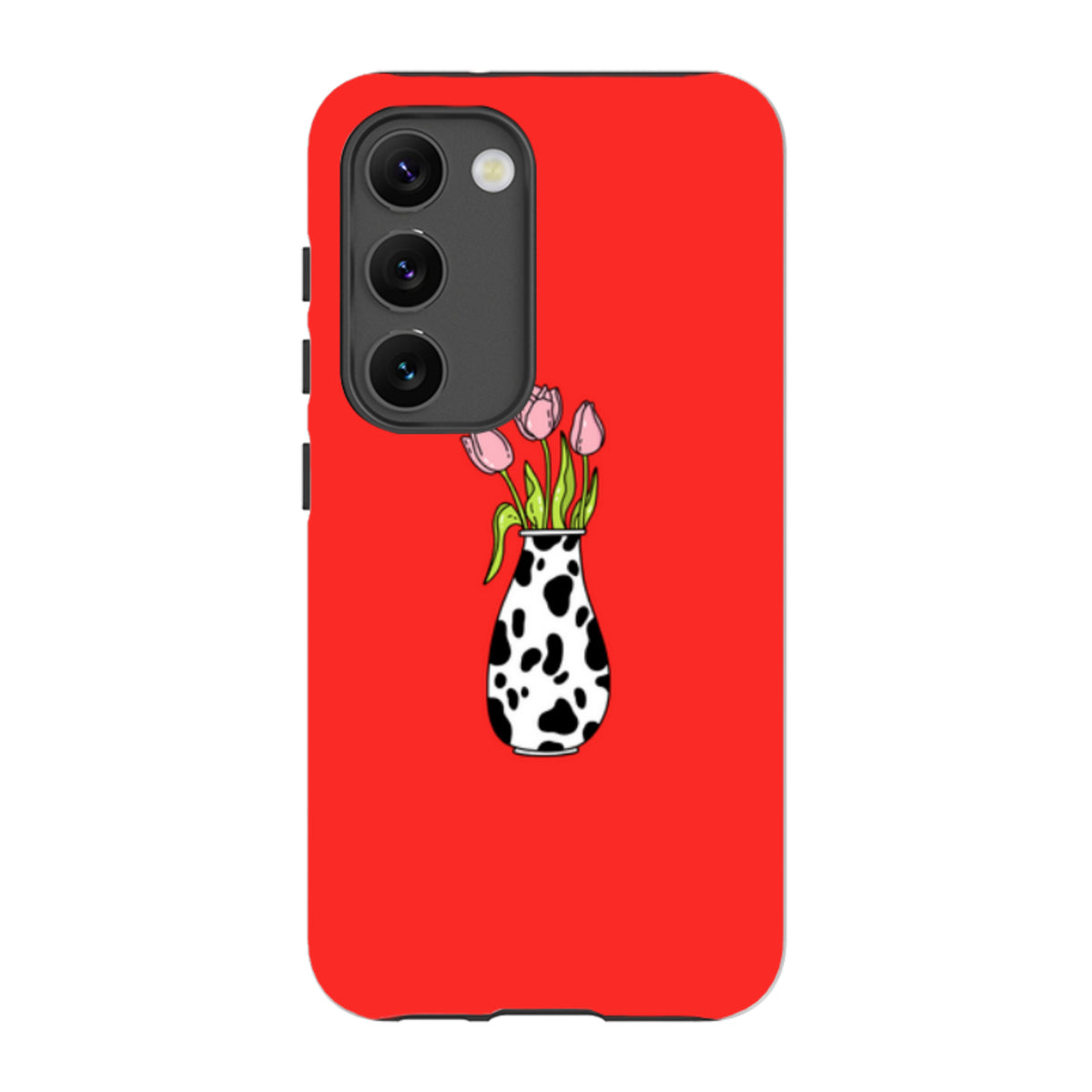 Samsung Galaxy tough case in bright red with a pink tulip and cow-print vase illustration.