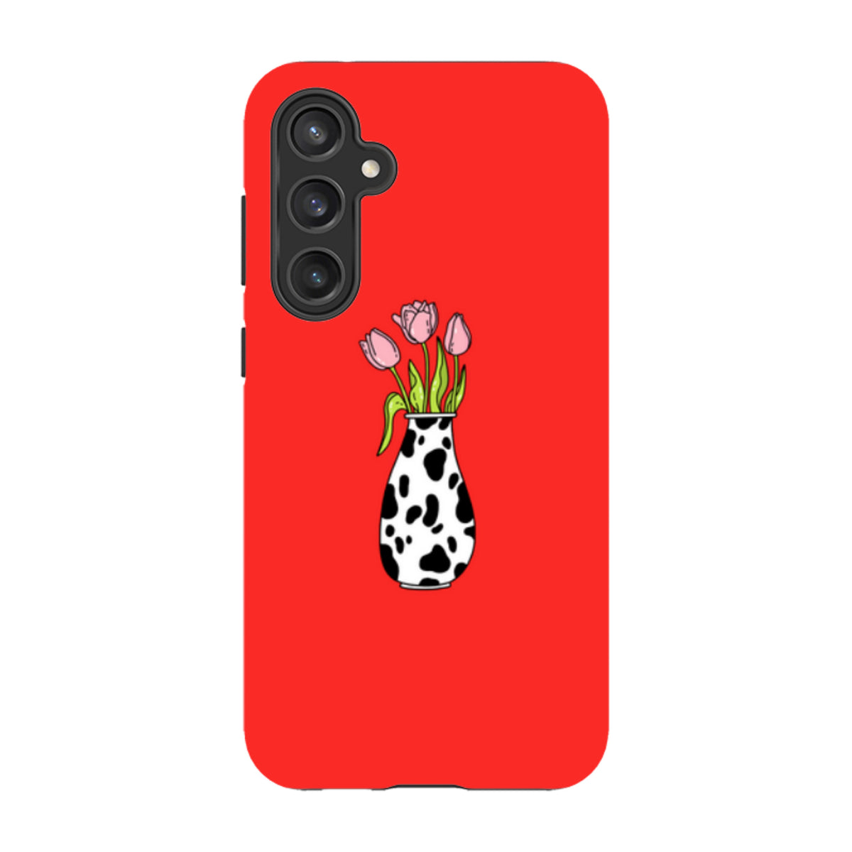 Red Samsung tough phone case featuring a cow-print vase with pink tulips and a triple-lens camera cutout.