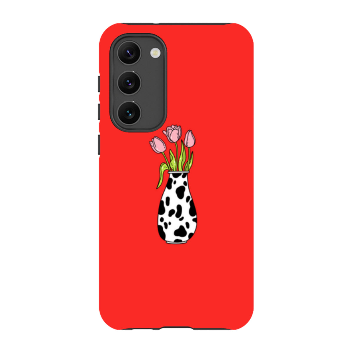 Samsung Galaxy tough case in bright red with a pink tulip and cow-print vase illustration.