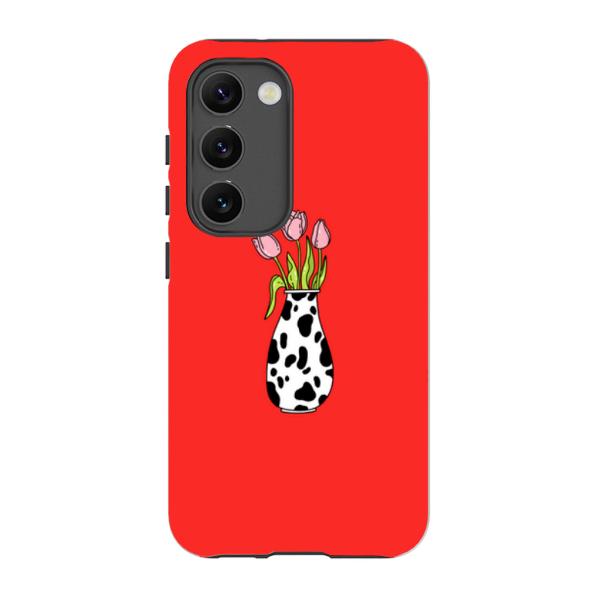 Samsung tough phone case in bright red featuring a pink tulip bouquet in a black and white cow-print vase.
