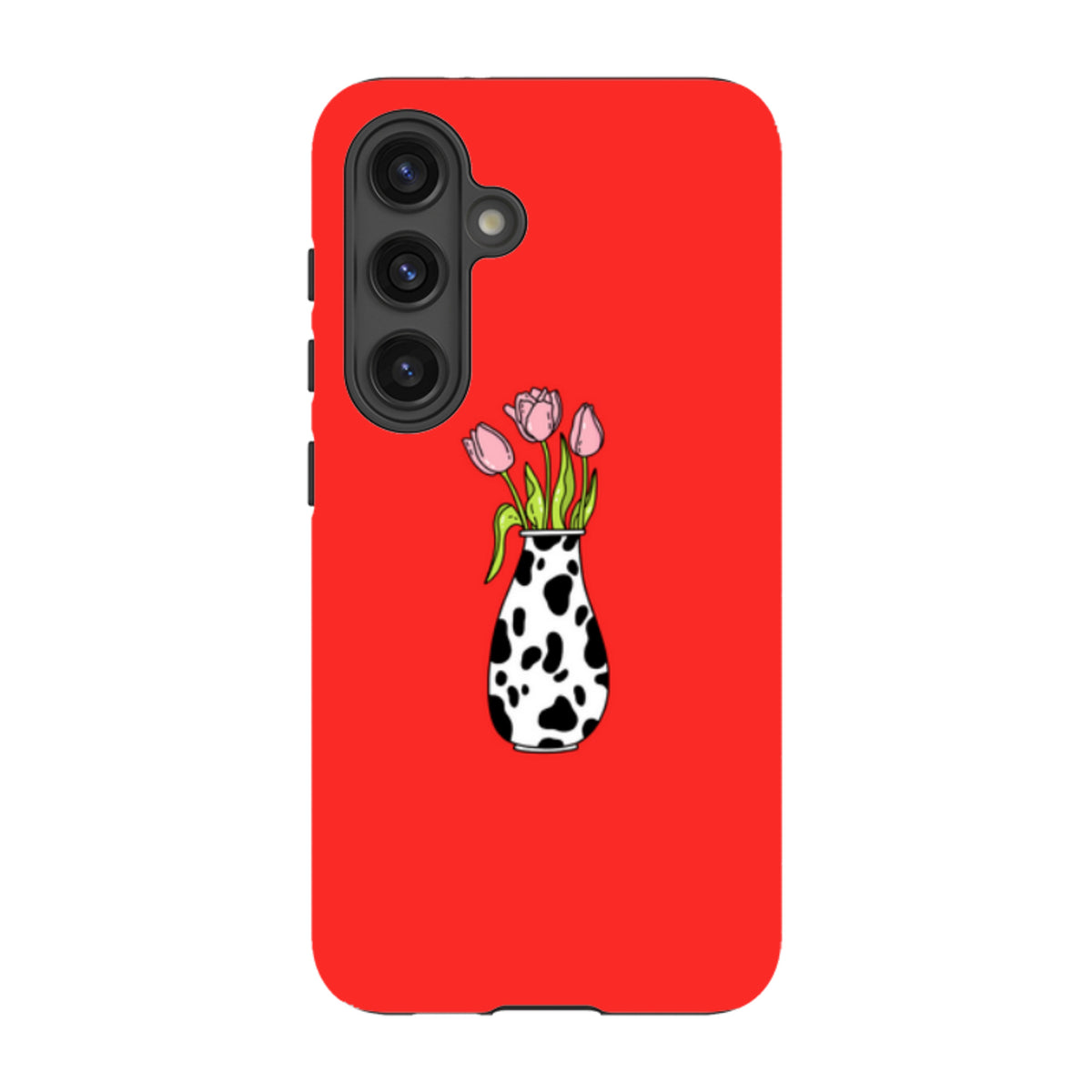 Samsung Galaxy tough case in bright red featuring a vase of pink tulips with a black and white cow-print pattern.