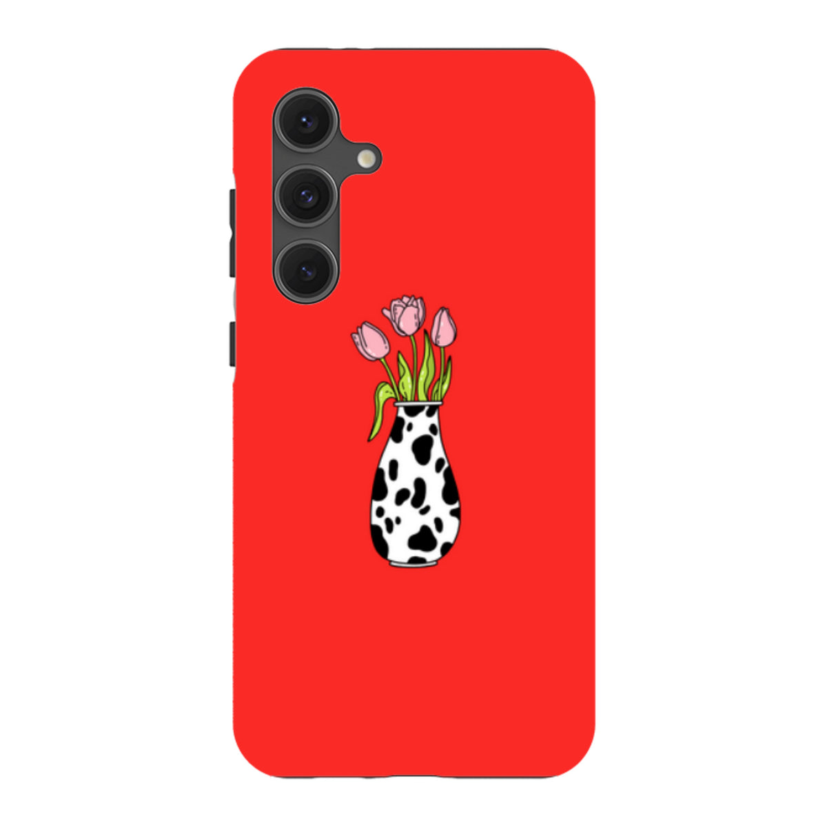 Bright red Samsung tough phone case featuring a cow-print vase with pink tulips and a protective dual-layer design.