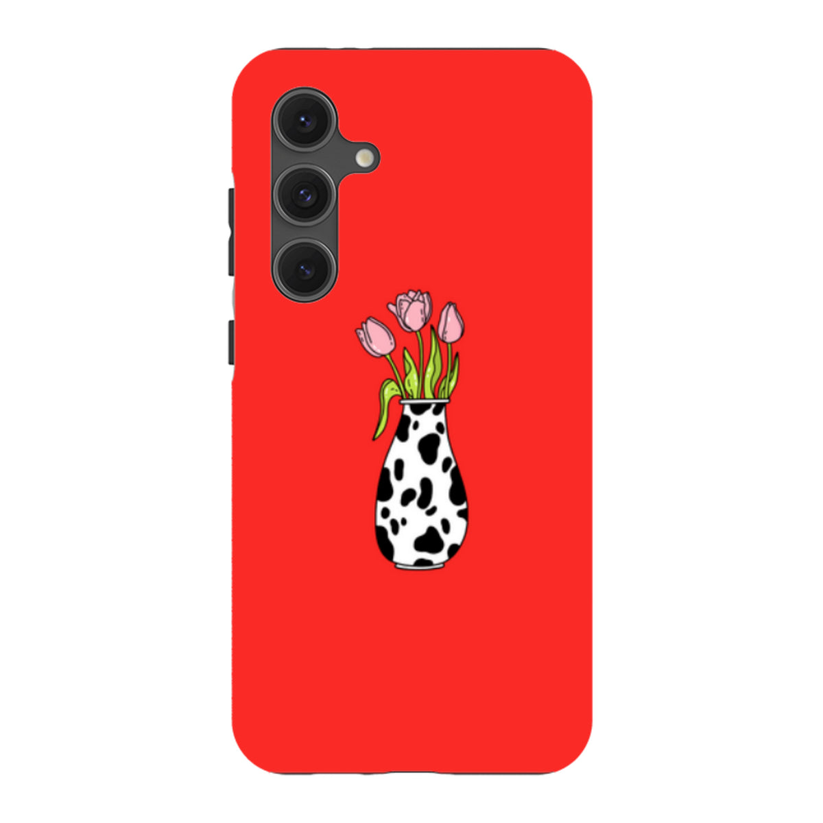 Samsung Galaxy tough case in bright red featuring a pink tulip bouquet in a black and white cow-print vase.