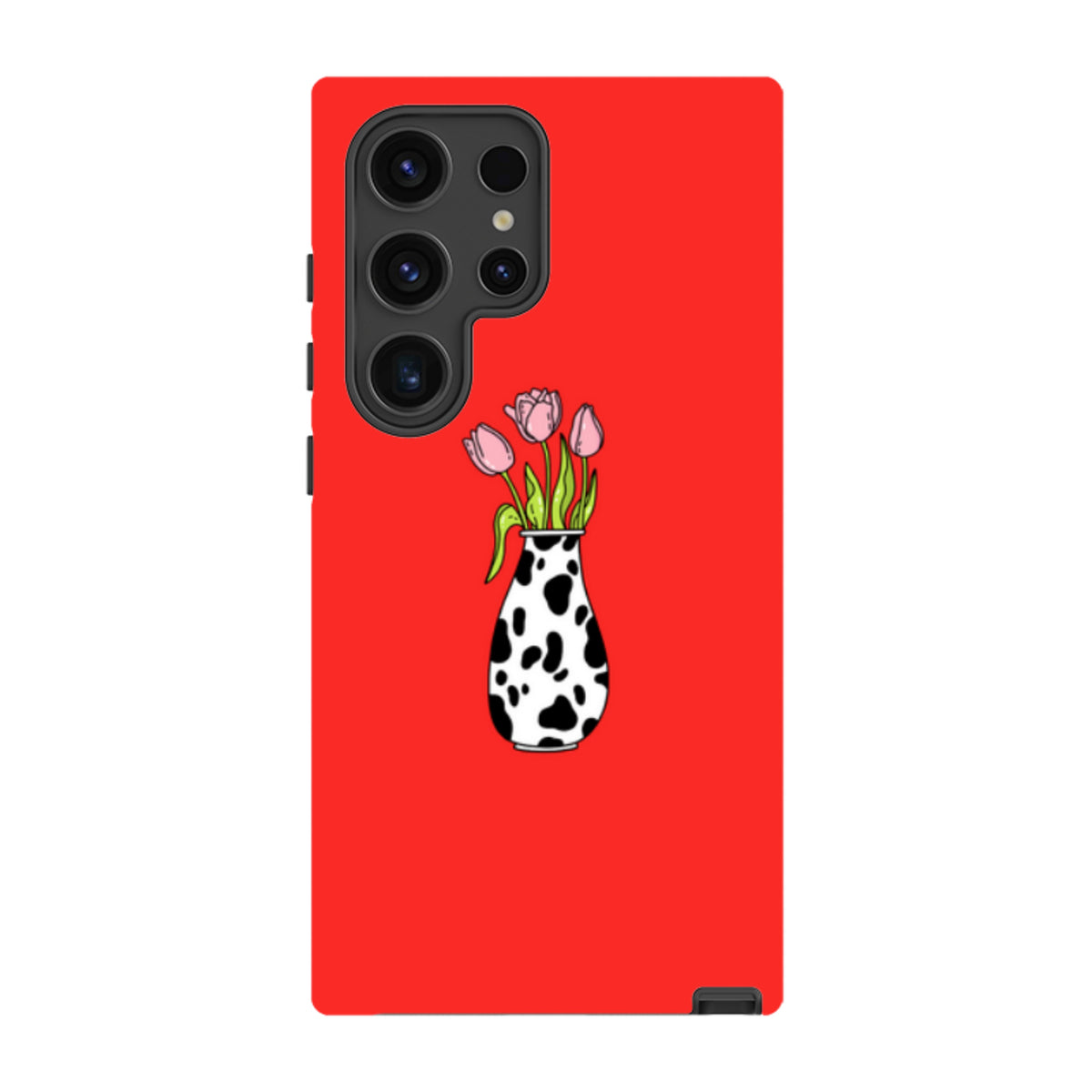 Samsung Galaxy tough case in bright red featuring a pink tulip bouquet in a black and white cow-print vase.