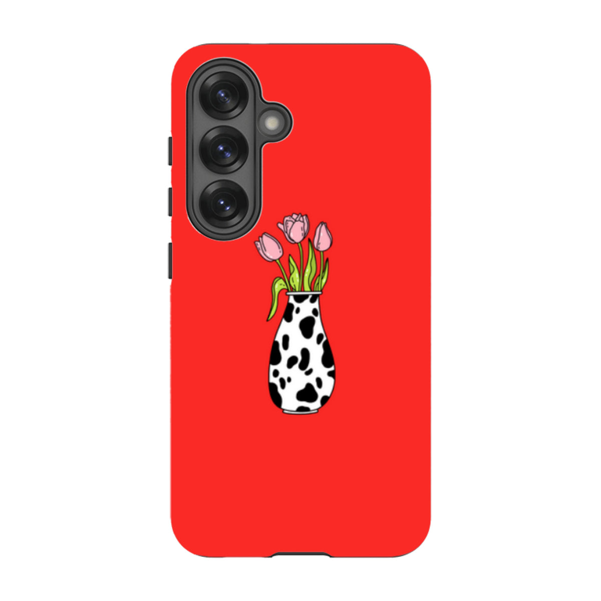 Samsung Galaxy tough case in bright red featuring a vase of pink tulips with a black and white cow-print pattern.