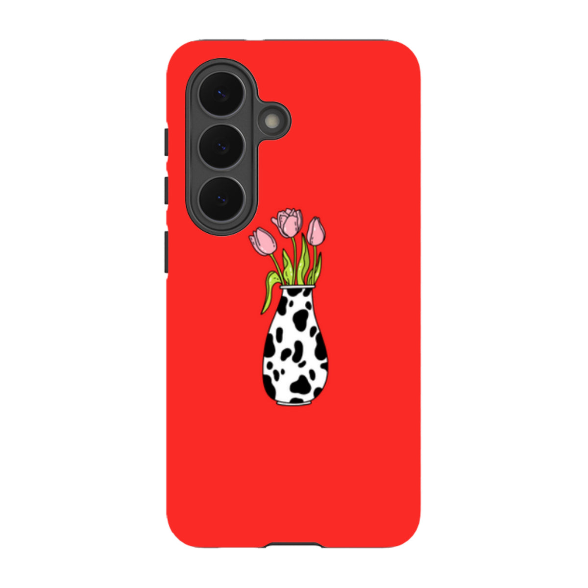 Samsung Galaxy tough case in bright red featuring a cow-print vase with pink tulips and a protective dual-layer design.