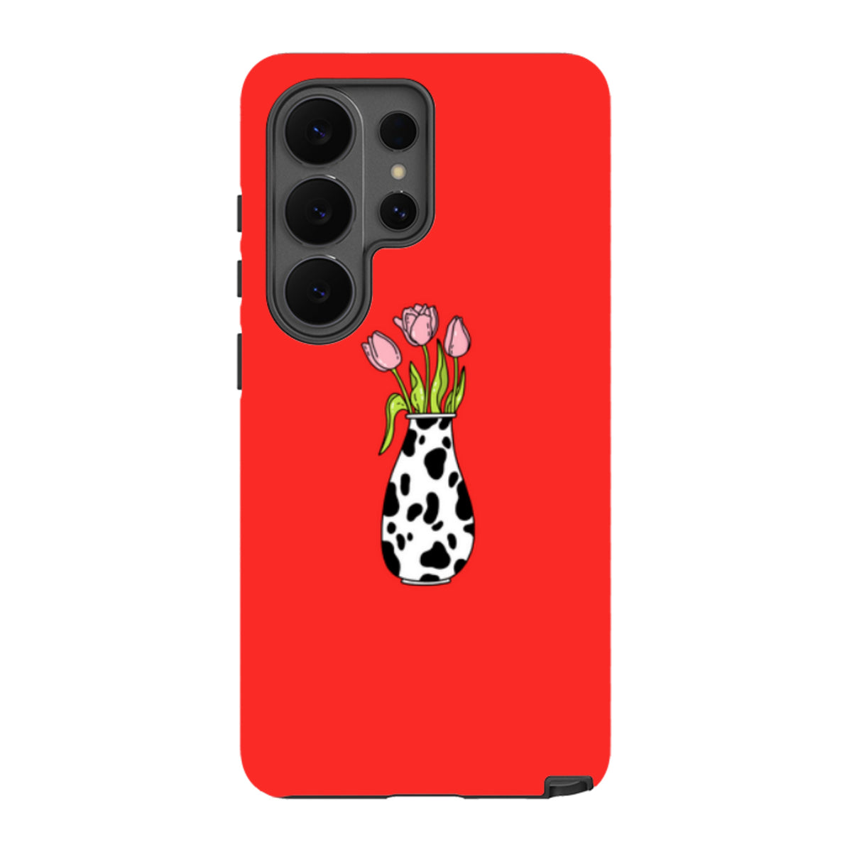 Samsung Galaxy tough case in bright red featuring a pink tulip bouquet in a black and white cow-print vase.